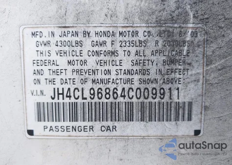 2004 Acura Tsx z USA, uszkodzony, nr VIN JH4CL96864C009911